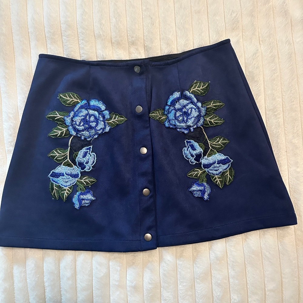 BB Dakota Navy Blue Floral Embroidered Skirt